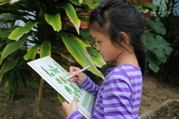 Asian children learning biology plant species outside the classroom. 
