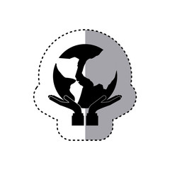 sticker silhouette of hands holding a map of world vector illustration