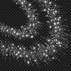 Vector festive illustration of falling shiny particles and stars isolated on transparent background. Silver Confetti Glitters. Sparkling texture. Holiday Decorative tinsel element for Design.