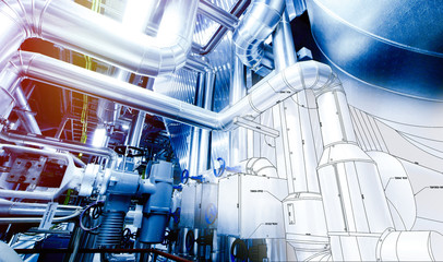 Sketch of piping design mixed with industrial equipment photo