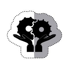 sticker silhouette of hands holding a gear wheel icon vector illustration