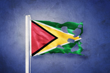 Torn flag of Guyana flying against grunge background