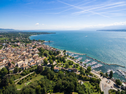 Aerial view of Nyon old city and waterfront in Switzerland