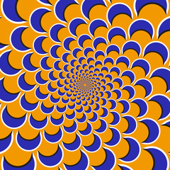 Optical motion illusion background. Purple shapes fly apart circularly from the center on orange background.