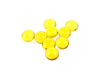 Cod liver oil omega 3 gel capsules on a white background