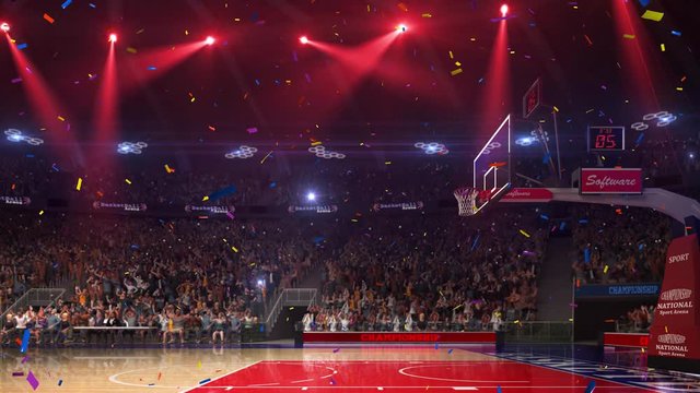  Basketball court with people fan. Sport arena. Ready to start championship. 3d render. Confetti and tinsel