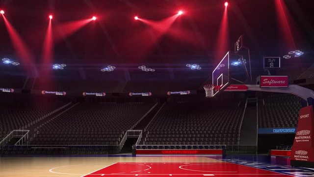 Basketball court without people fan. Sport arena. Ready to start championship. 3d render. Moving lights and flash