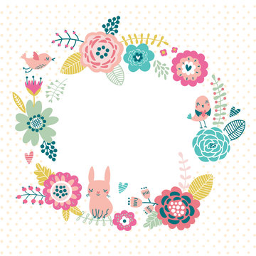 Floral background. Wreath frame with cute birds and a hare. Flowers card
