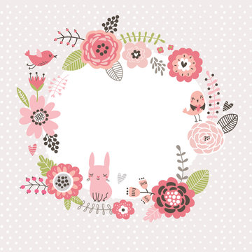 Floral background. Wreath frame with cute birds and a hare. Flowers card