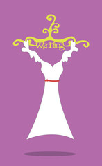 wedding white dress on yellow hanger with words.