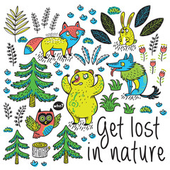 Hand drawn card with cartoon animals and text