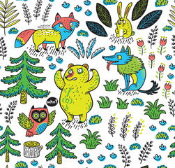 Hand drawn seamless pattern with funny colorful animals