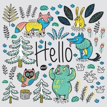 Hand drawn card with cartoon animals and text Hello
