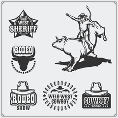 Set of vintage rodeo labels, badges, emblems and designed elements. 