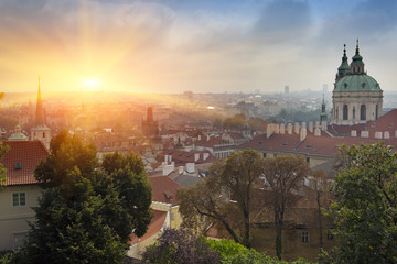 Prague, aerial view of Old Town roofs in the old city of Prague (Stare Mesto) on a sunset