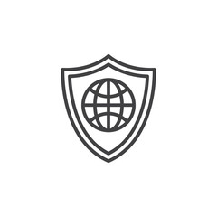 Fototapeta premium Shield with globe line icon, outline vector sign, linear pictogram isolated on white. Web protection symbol, logo illustration