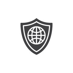Shield with globe icon vector, filled flat sign, solid pictogram isolated on white. Web protection symbol, logo illustration