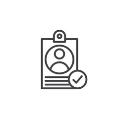 Personal badge with check mark line icon, outline vector sign, linear pictogram isolated on white. User id verified symbol, logo illustration