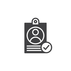 Personal badge with check mark icon vector, filled flat sign, solid pictogram isolated on white. User id verified symbol, logo illustration