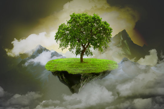 Mystical background with rock with tree