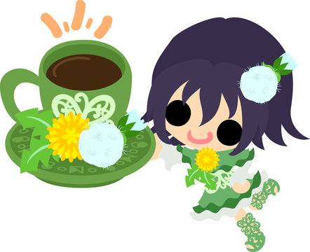Illustration of a cute girl and coffee of dandelion