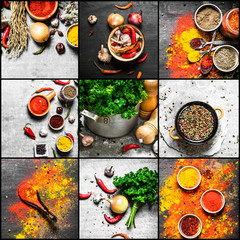 Food collage of indian spice and herb.