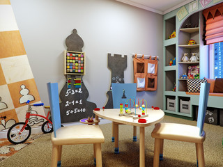 Bright children room stylized as chess kingdom