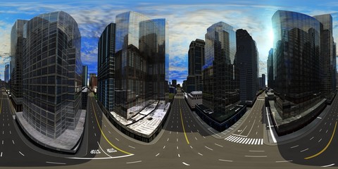 Panorama of the city. Environment map. HDRI map. Equirectangular projection. Spherical panorama.
