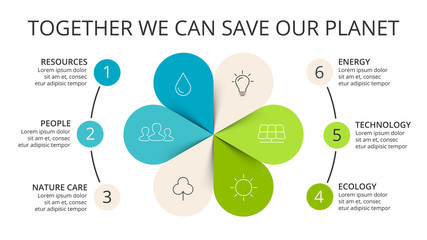 Vector circle arrows green leaves eco infographic. Ecology diagram, flower graph, presentation, chart. Organic nature concept with 6 options, parts, steps. 16x9 slide template.
