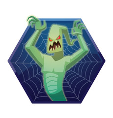 Vector dark blue hexagonal frame with spider web and with cartoon image of funny light green ghost with red eyes flying and frightening someone on a white background. Halloween. Spirit, fear, terror.