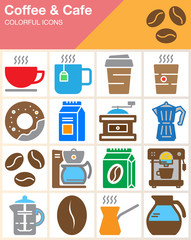Coffee and Cafe vector icons set, modern solid symbol collection, filled colorful pictogram pack isolated on white. Signs, logo illustration, web graphics