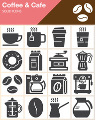 Coffee and Cafe vector icons set, modern solid symbol collection, filled style pictogram pack. Signs, logo illustration. Include icons as cup, donut, mug, beans, coffee machine, grinder