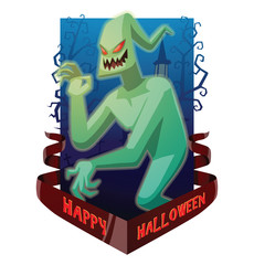 Vector dark blue card "Happy Halloween" with bare trees, a cemetery, a red banner and with cartoon image of funny light green ghost with red eyes waving his hand on white background. Halloween. Spirit