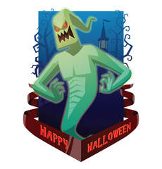 Vector dark blue card "Happy Halloween" with bare trees, a cemetery, a red banner and with cartoon image of funny light green ghost with red eyes flying and grinning on a white background. Halloween.