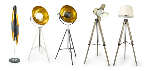 Set of Tripod Light projector isolated on white with clipping path included, Decorative light projectors isolated..