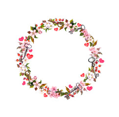 Floral wreath with pink flowers, hearts, keys. Watercolor circle border for Valentine day, wedding