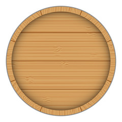 Closed wooden barrel. Top view or bottom. The end of the barrel. Alcohol production. Menu, wine list.