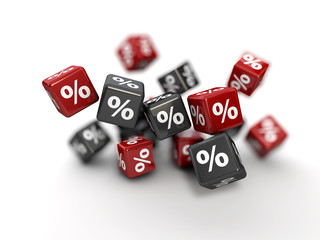 3d illustration. Design template for holiday sale event. red and gray cubes with percents. blured background