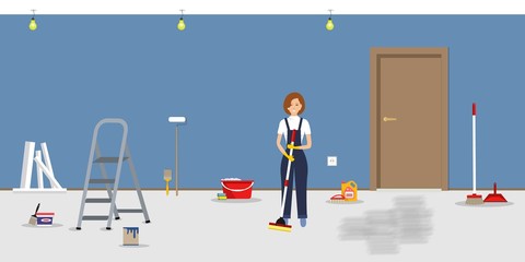 Room repairing at home. Cleaning in the apartment after walls' painting. Cleaning woman, standing with a mop, in the blue room. Vector illustration