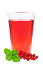 glass of juice, mint and fresh currant berries isolated on white
