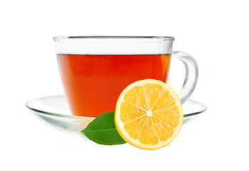 Glass cup tea with lemon slice isolated on a white background