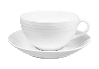 Clear white cup on plate isolated on white background