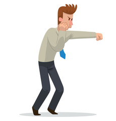 Vector cartoon image of a businessman with curly brown hair, in black trousers, light-colored shirt and blue tie, fighting on a white background. Business fight. Office warrior. Vector illustration.