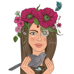 Girl with floral wreath on her head, holding a nest bird and eggs.