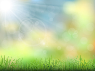Fototapeta na wymiar Vector spring nature background. Green grass and sun beam. Bokeh effect and flare.