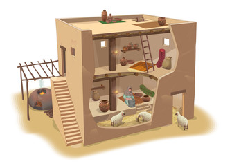 1st Century house of ancient people. Objects zhiznideyatelnosti device in the home, tools, culture, history, study.