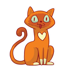 Vector cartoon image of a cute ginger cat with white heart symbol on his chest, sitting and smiling on a white background. Pet. Vector illustration. Positive character. Cat.