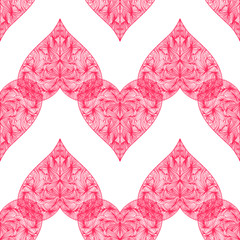 Seamless background with pink ornamental heart shapes.