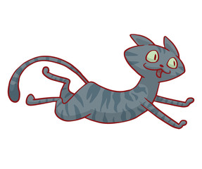 Vector cartoon image of a cute dark gray striped cat running and smiling on a white background. Pet. Vector illustration. Positive character. Cat.