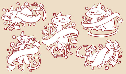 Vector set of emblems with banners, flowers and with cartoon images of cute different cats with different actions and emotions on a beige background. Made in monochrome style. Pet. Positive character.